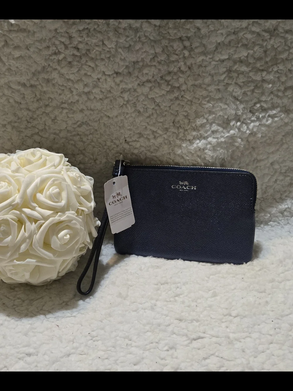 Coach Small Navy Wristlet With Silver Logo